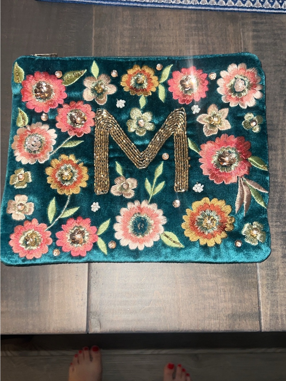 Embroidered Teal Floral Velvet Pouch with Gold